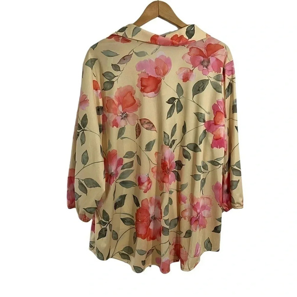 Roamans Floral Blouse 1X Watercolor Floral Yellow Pink Orange Collared Pullover - Picture 2 of 7